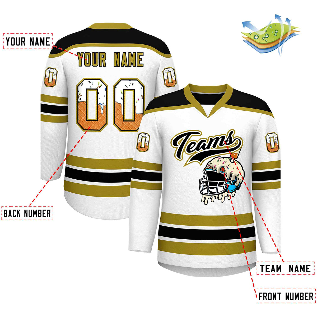 Custom White Old Gold Ice Cream Helmet Pattern Personalized V-Neck Hockey Jersey