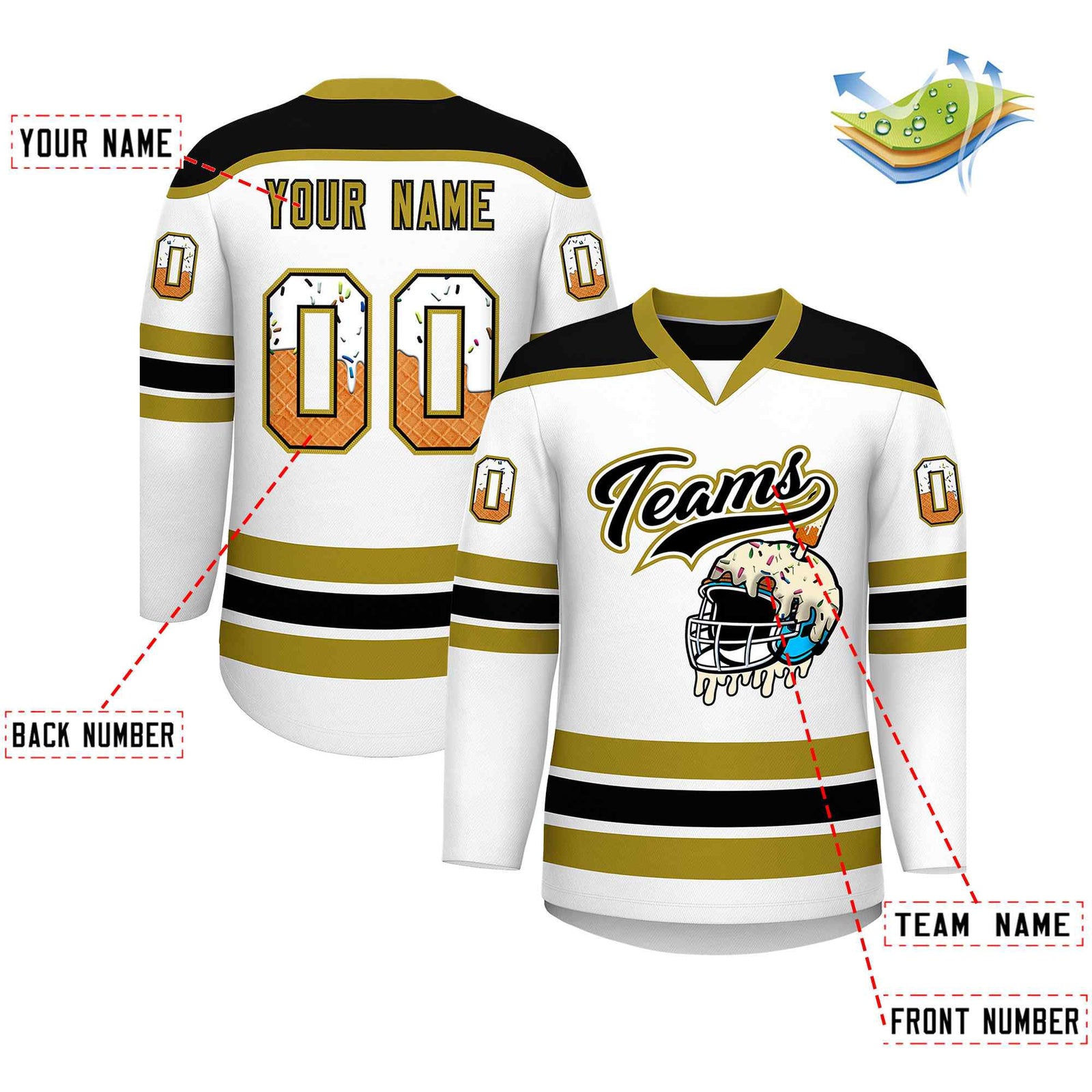 Custom White Old Gold Ice Cream Helmet Pattern Personalized V-Neck Hockey Jersey