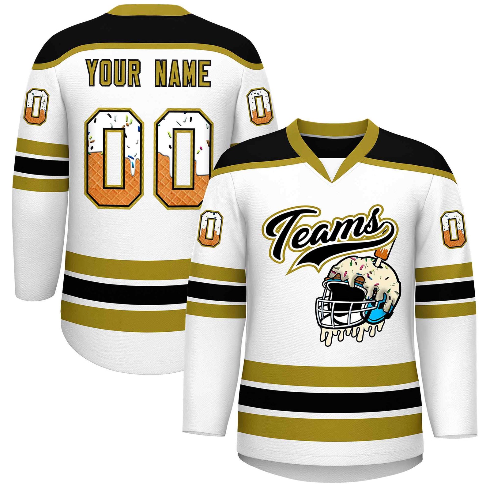 Custom White Old Gold Ice Cream Helmet Pattern Personalized V-Neck Hockey Jersey