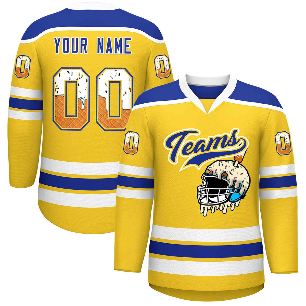 Custom Gold Royal Blue Ice Cream Helmet Pattern Personalized V-Neck Hockey Jersey