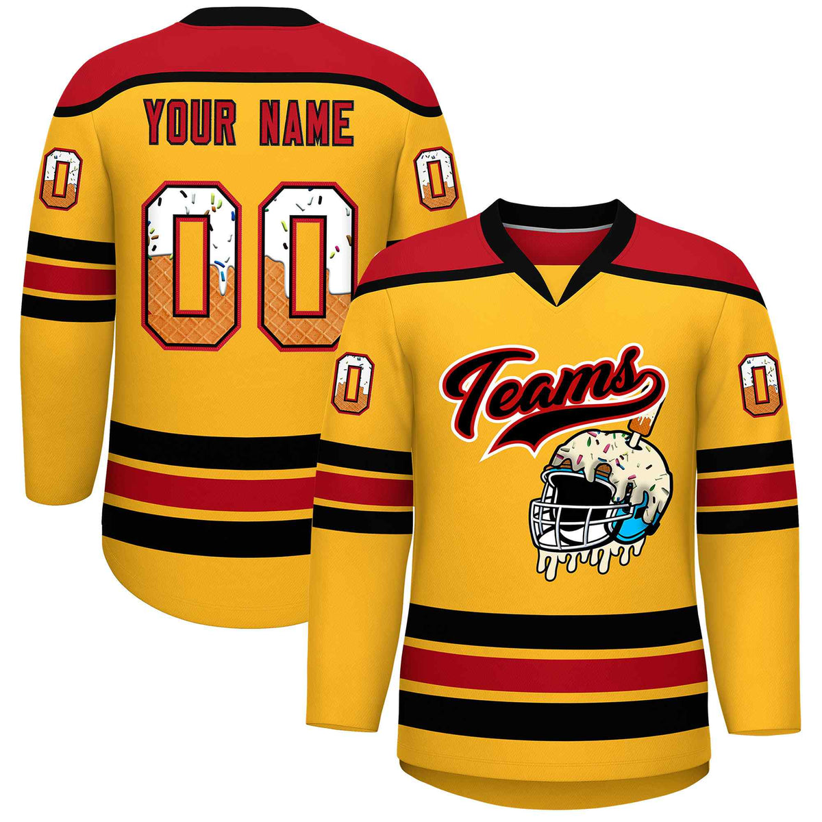 Custom Yellow Red Ice Cream Helmet Pattern Personalized V-Neck Hockey Jersey