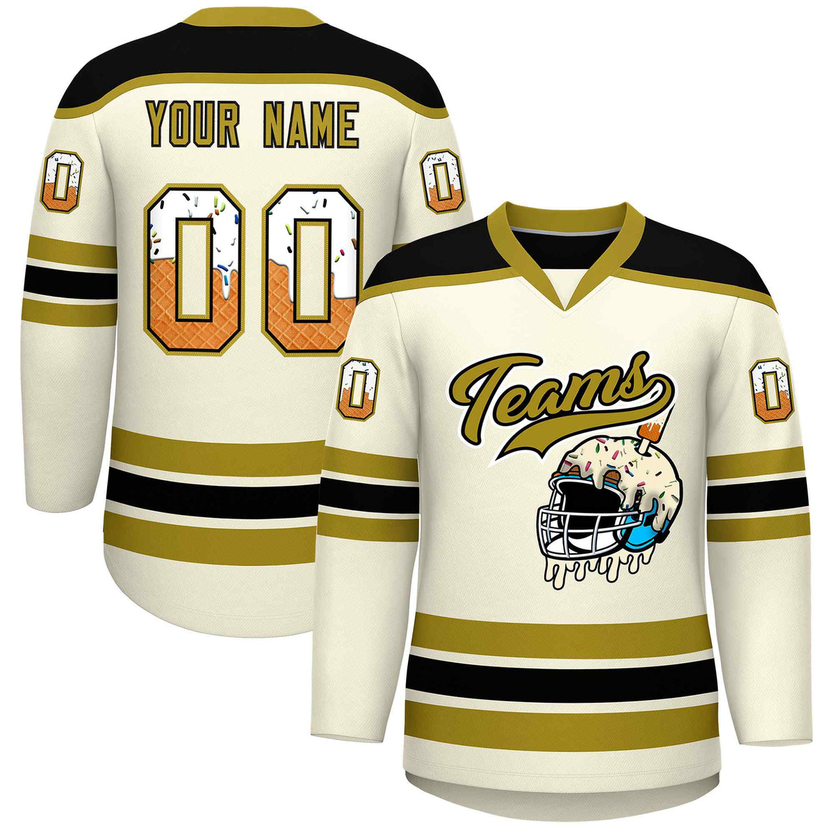 Custom Cream Old Gold Ice Cream Helmet Pattern Personalized V-Neck Hockey Jersey