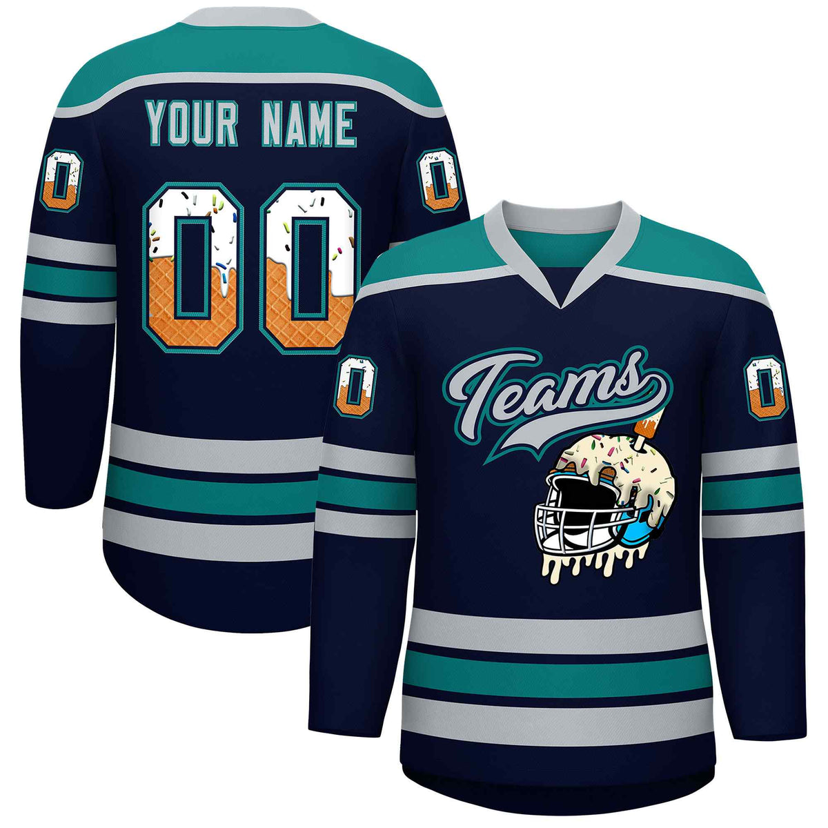 Custom Navy Teal Ice Cream Helmet Pattern Personalized V-Neck Hockey Jersey