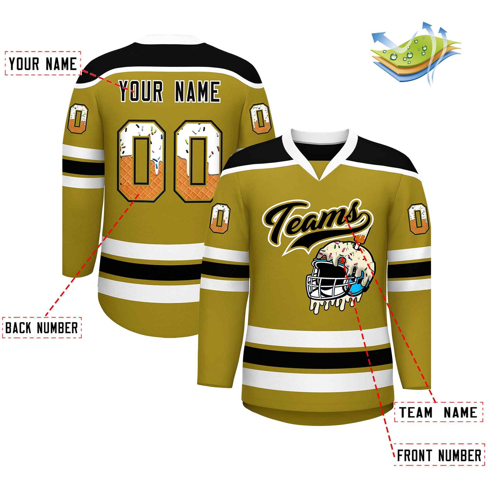 Custom Old Gold Black Ice Cream Helmet Pattern Personalized V-Neck Hockey Jersey