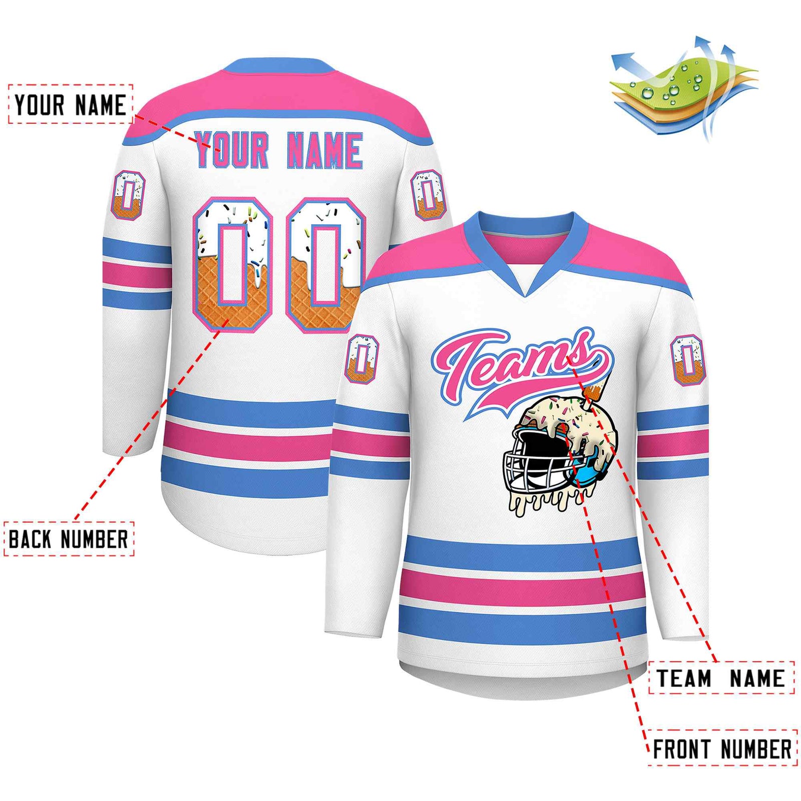 Custom White Pink Ice Cream Helmet Pattern Personalized V-Neck Hockey Jersey