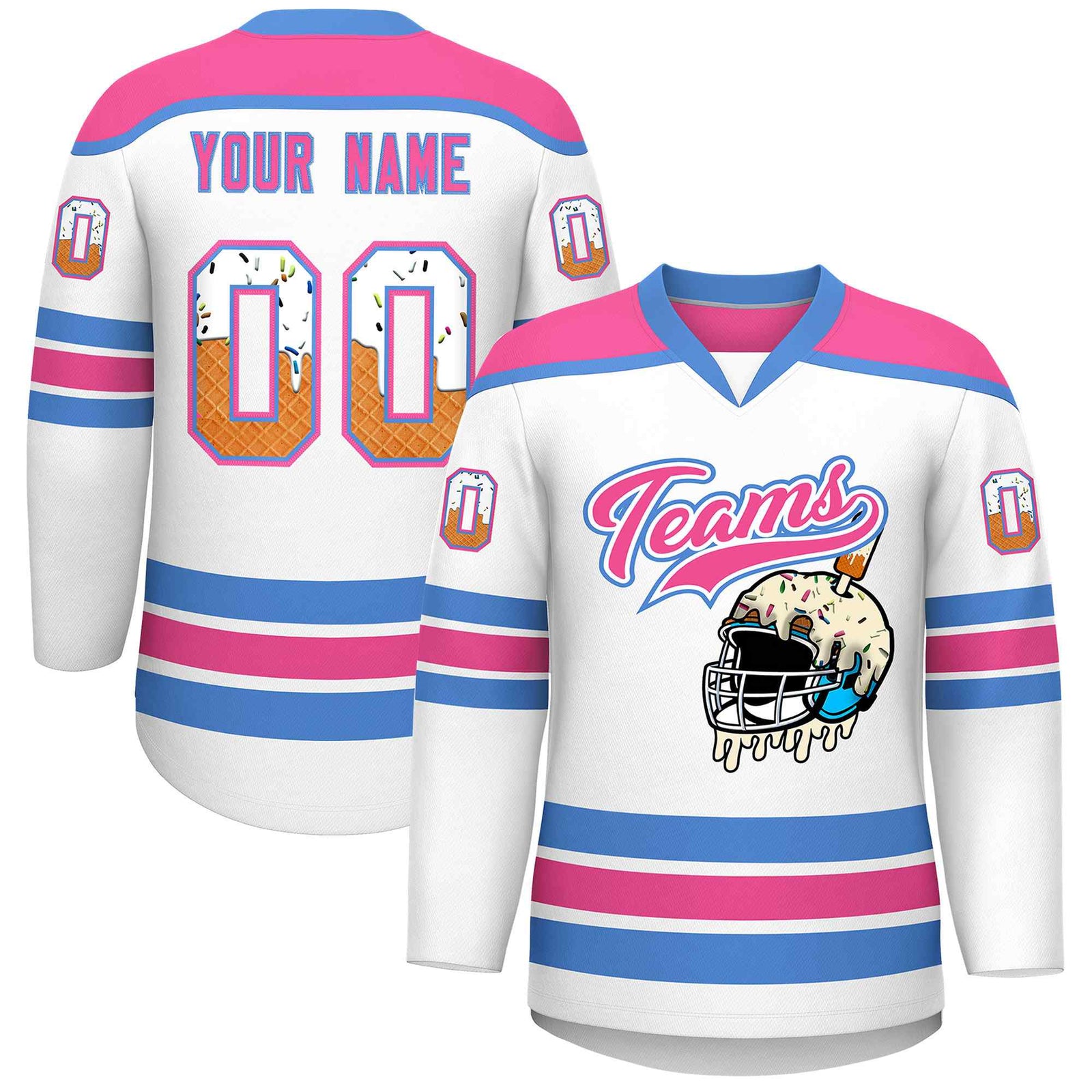 Custom White Pink Ice Cream Helmet Pattern Personalized V-Neck Hockey Jersey
