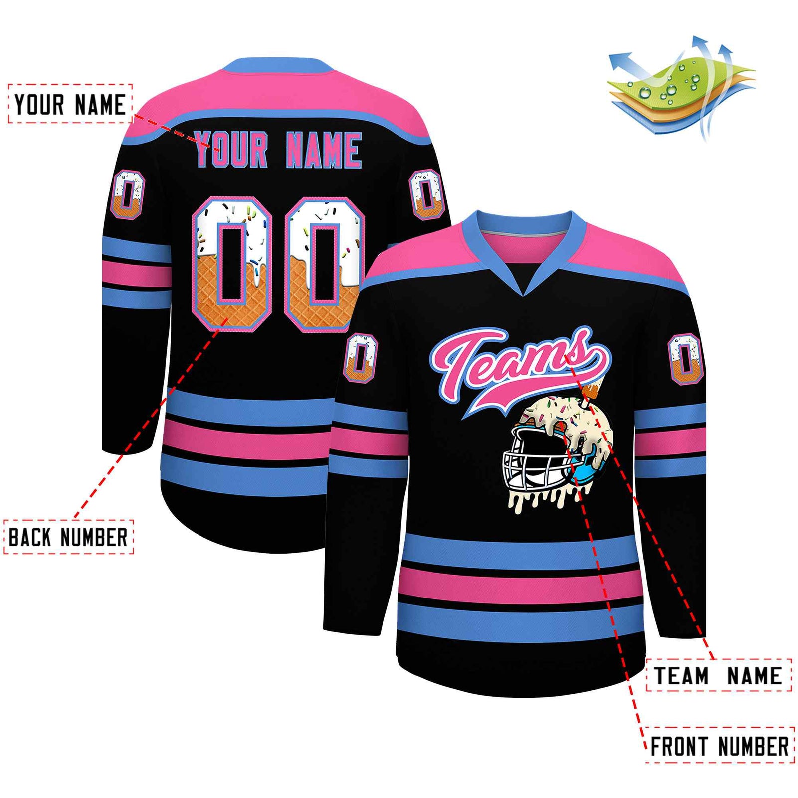 Custom Black Powder Blue Ice Cream Helmet Pattern Personalized V-Neck Hockey Jersey