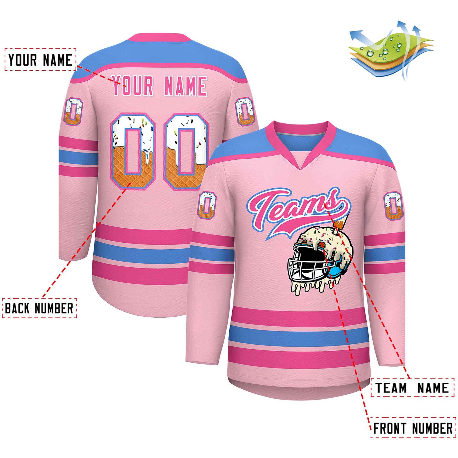 Custom Light Pink Powder Blue Ice Cream Helmet Pattern Personalized V-Neck Hockey Jersey