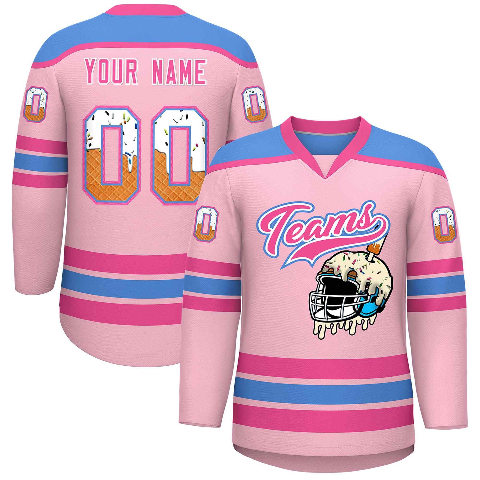 Custom Light Pink Powder Blue Ice Cream Helmet Pattern Personalized V-Neck Hockey Jersey