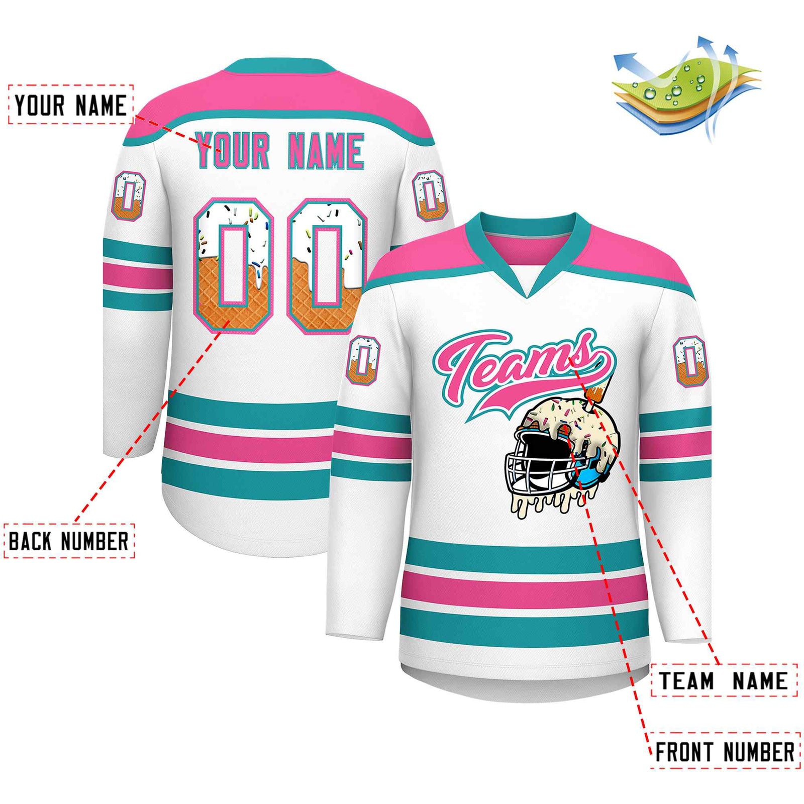 Custom White Pink Ice Cream Helmet Pattern Personalized V-Neck Hockey Jersey