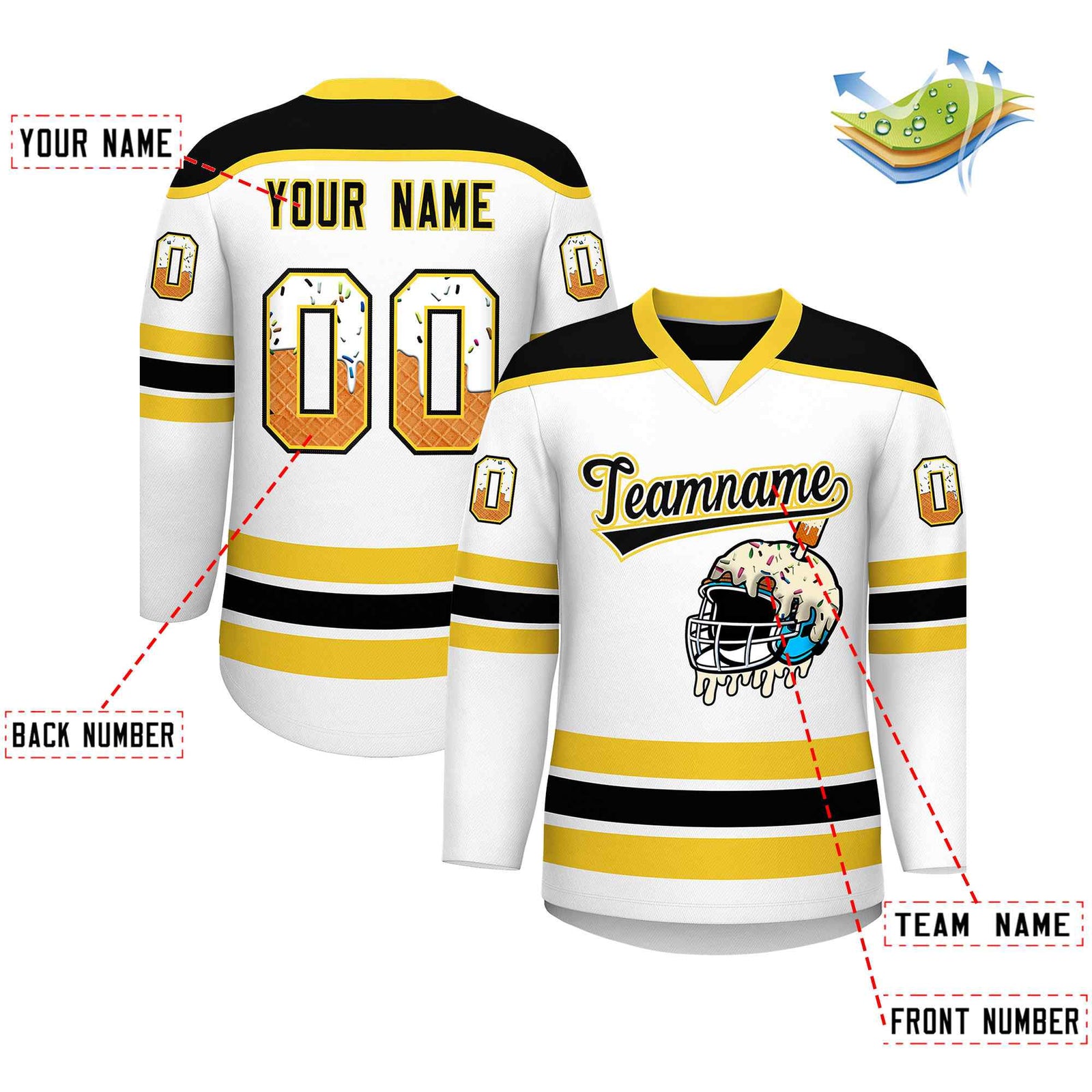 Custom White Gold Ice Cream Helmet Pattern Personalized V-Neck Hockey Jersey| KXKSHOP