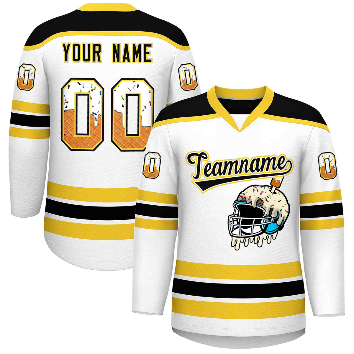 Custom White Gold Ice Cream Helmet Pattern Personalized V-Neck Hockey Jersey| KXKSHOP