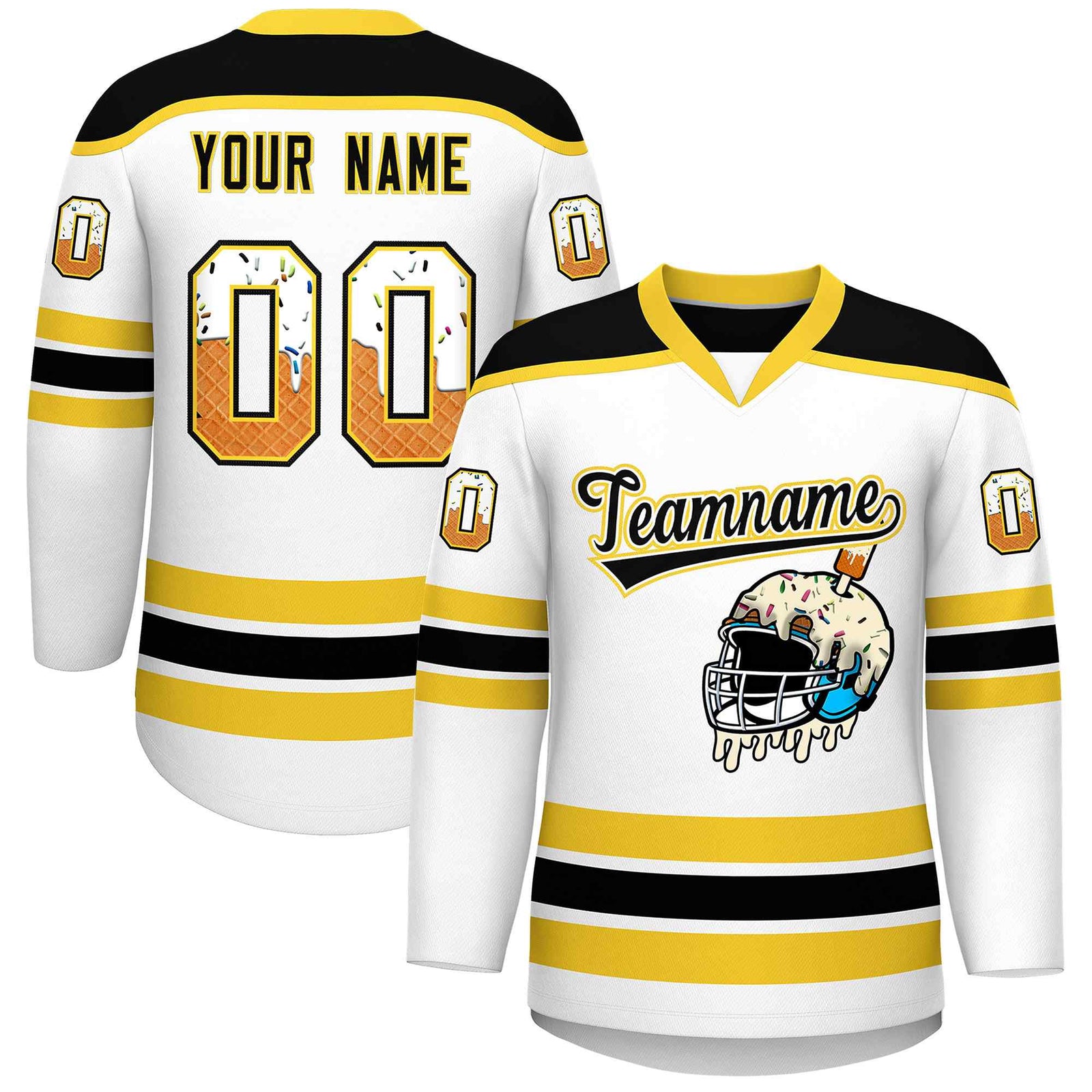 Custom White Gold Ice Cream Helmet Pattern Personalized V-Neck Hockey Jersey| KXKSHOP