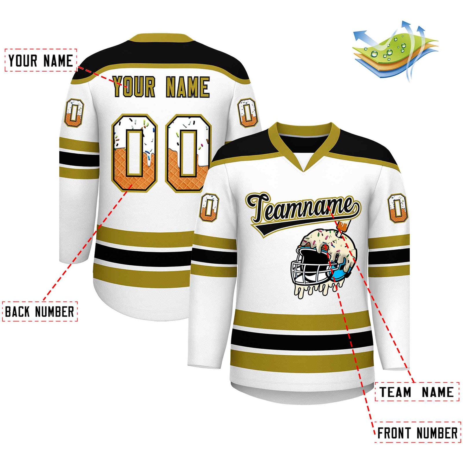 Custom White Old Gold Ice Cream Helmet Pattern Personalized V-Neck Hockey Jersey| KXKSHOP