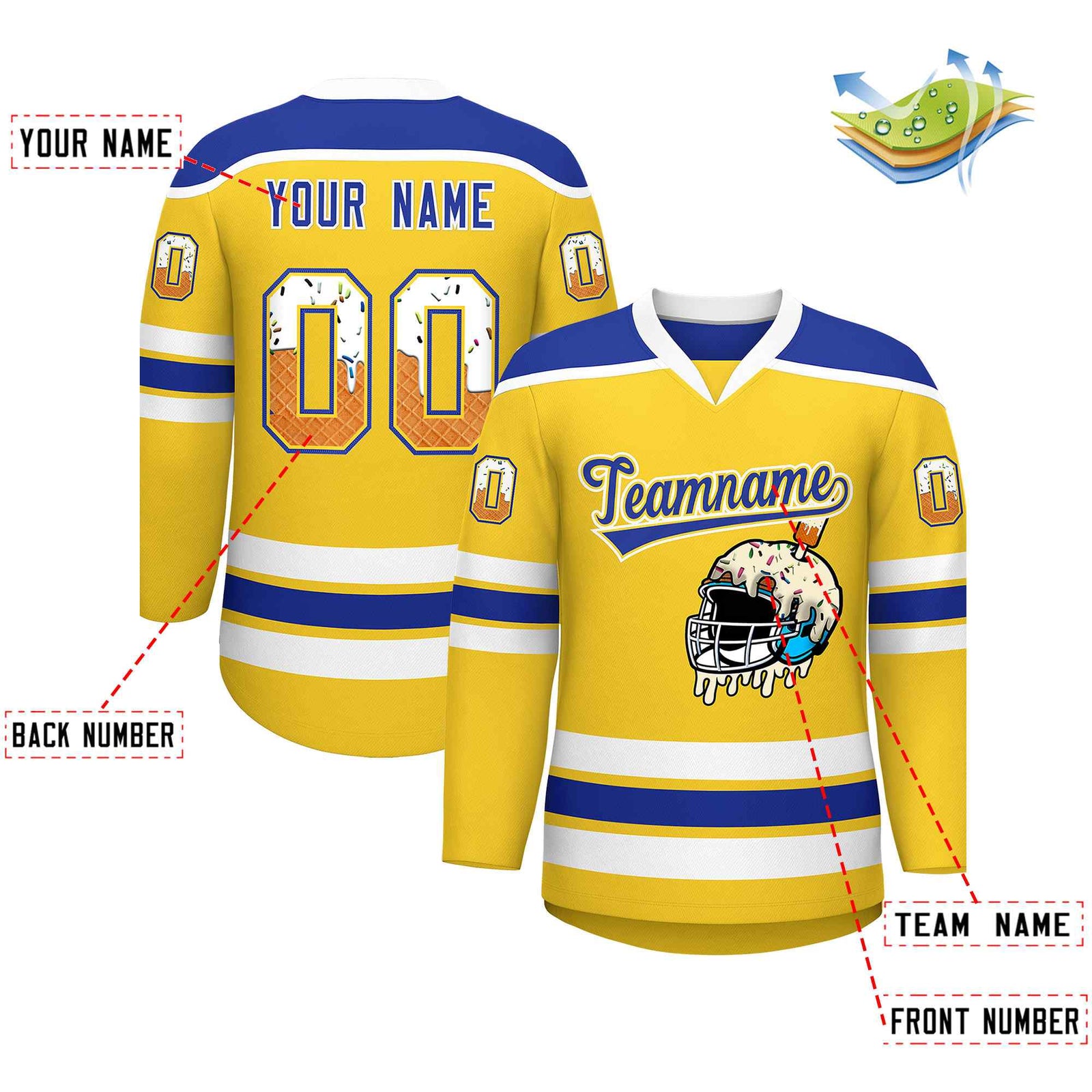 Custom Gold Royal Blue Ice Cream Helmet Pattern Personalized V-Neck Hockey Jersey| KXKSHOP