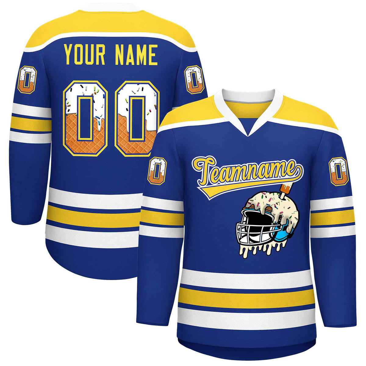 Custom Royal Blue Gold Ice Cream Helmet Pattern Personalized V-Neck Hockey Jersey| KXKSHOP