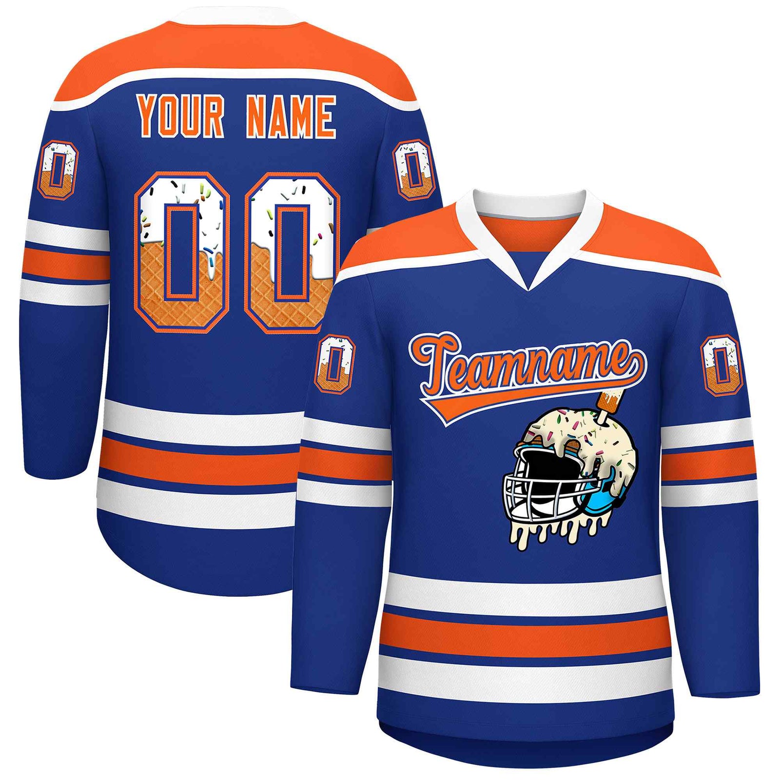 Custom Royal Blue Orange Ice Cream Helmet Pattern Personalized V-Neck Hockey Jersey| KXKSHOP