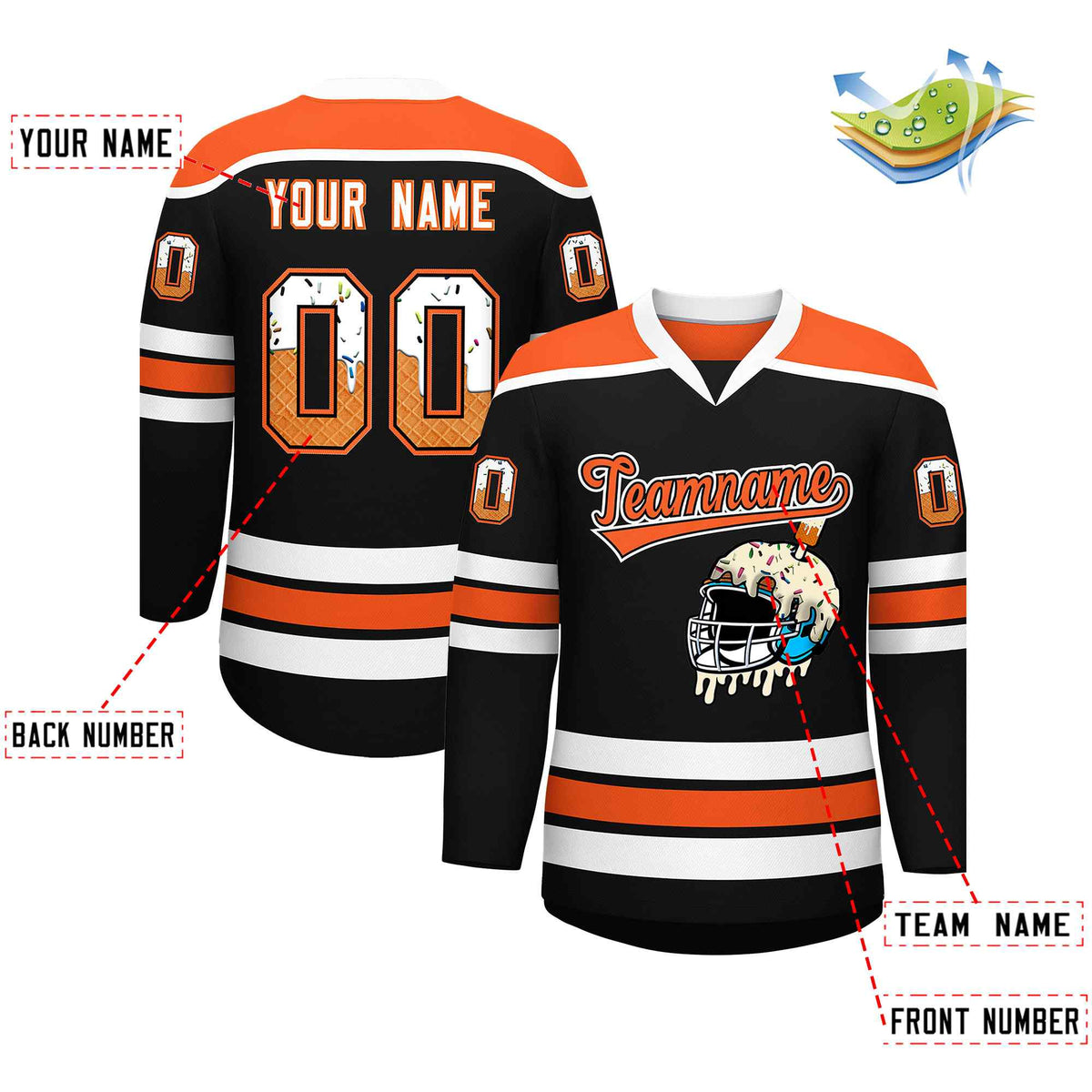 Custom Black Orange Ice Cream Helmet Pattern Personalized V-Neck Hockey Jersey| KXKSHOP