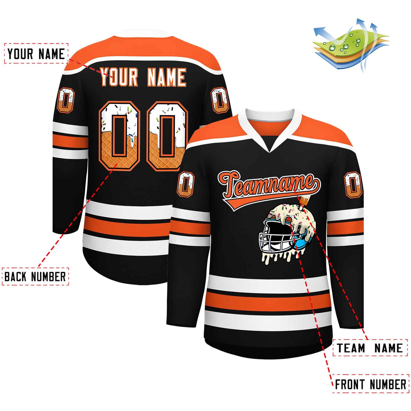 Custom Black Orange Ice Cream Helmet Pattern Personalized V-Neck Hockey Jersey| KXKSHOP