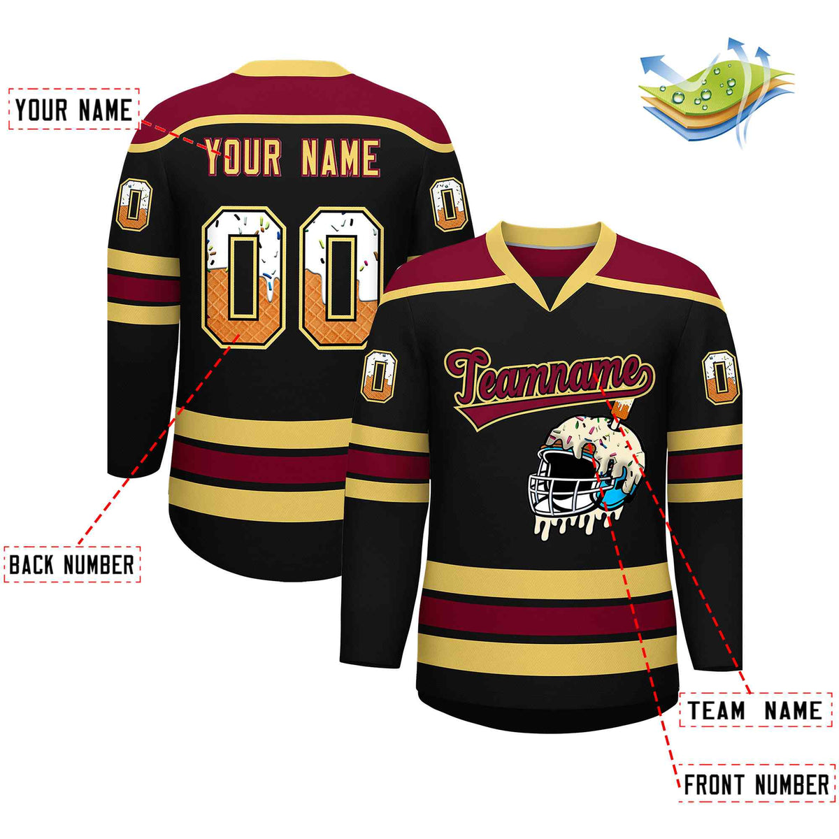 Custom Black Khaki Ice Cream Helmet Pattern Personalized V-Neck Hockey Jersey| KXKSHOP