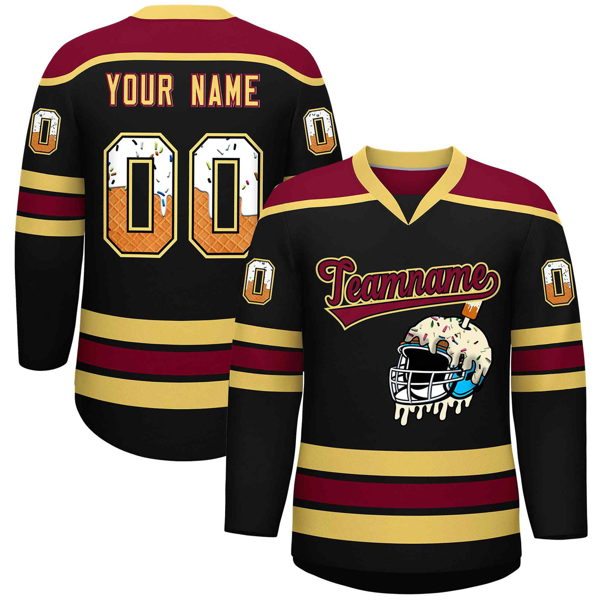 Custom Black Khaki Ice Cream Helmet Pattern Personalized V-Neck Hockey Jersey| KXKSHOP