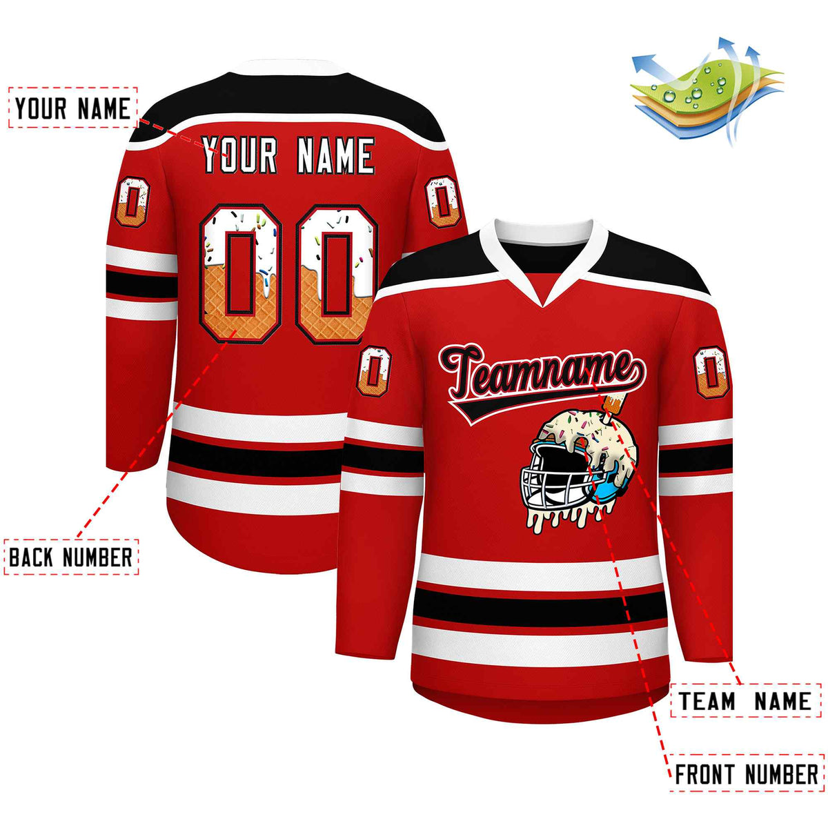 Custom Red White Ice Cream Helmet Pattern Personalized V-Neck Hockey Jersey| KXKSHOP