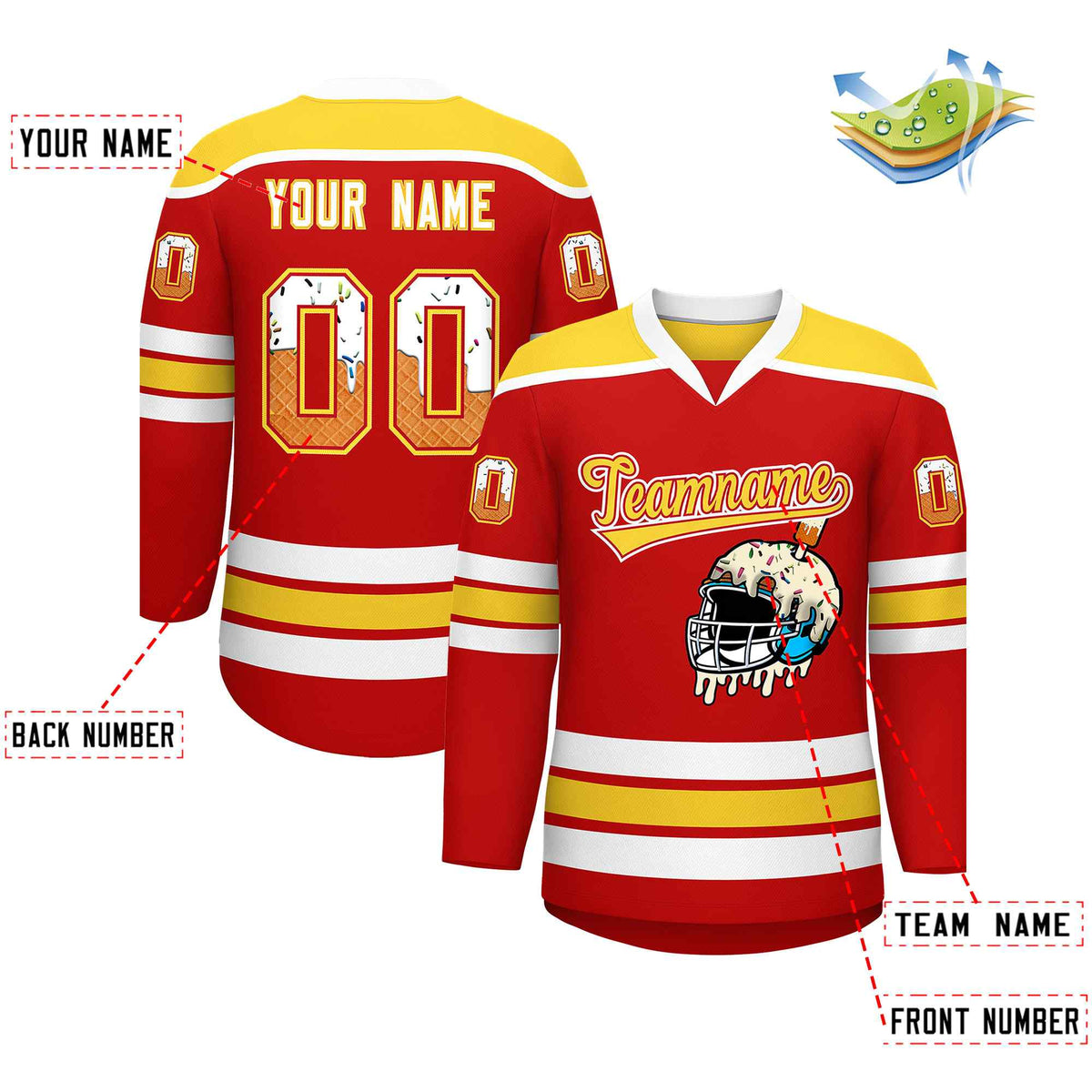 Custom Red Gold Ice Cream Helmet Pattern Personalized V-Neck Hockey Jersey| KXKSHOP