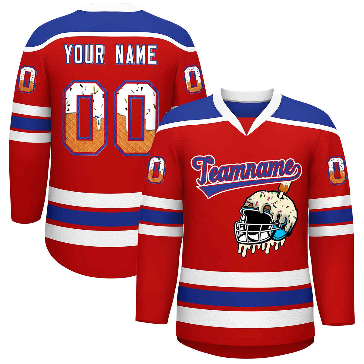 Custom Red Royal Blue Ice Cream Helmet Pattern Personalized V-Neck Hockey Jersey| KXKSHOP