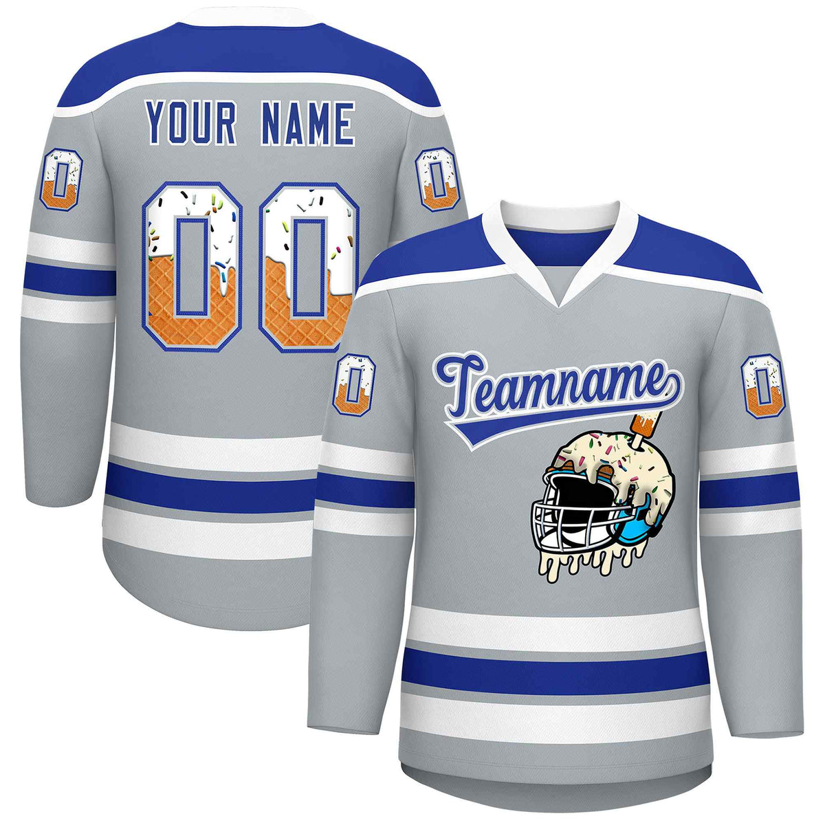 Custom Silver Royal Blue Ice Cream Helmet Pattern Personalized V-Neck Hockey Jersey| KXKSHOP