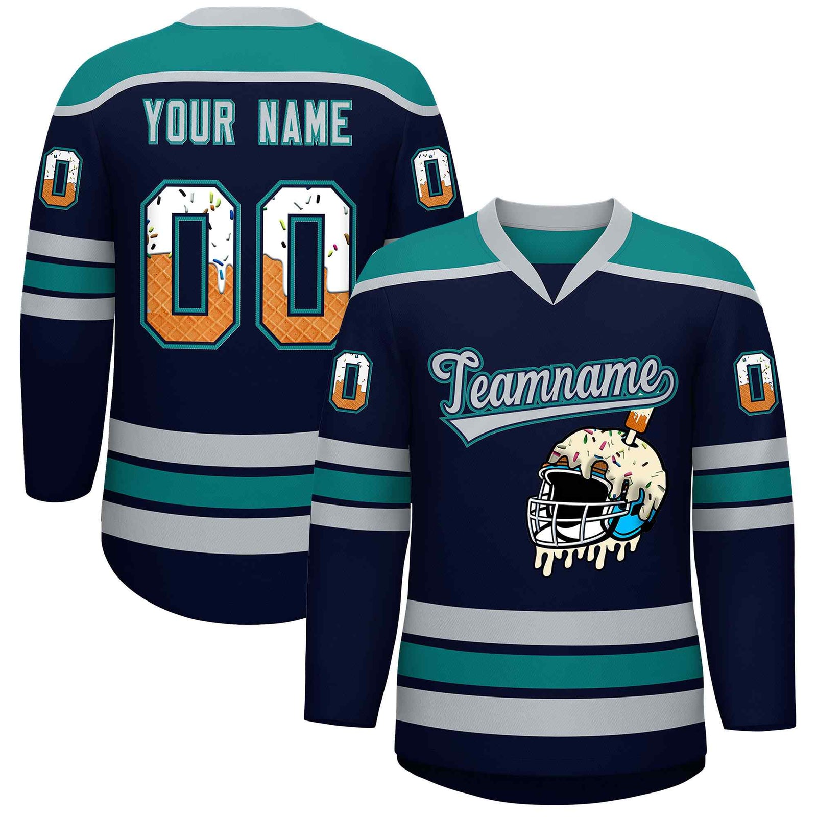 Custom Navy Teal Ice Cream Helmet Pattern Personalized V-Neck Hockey Jersey| KXKSHOP