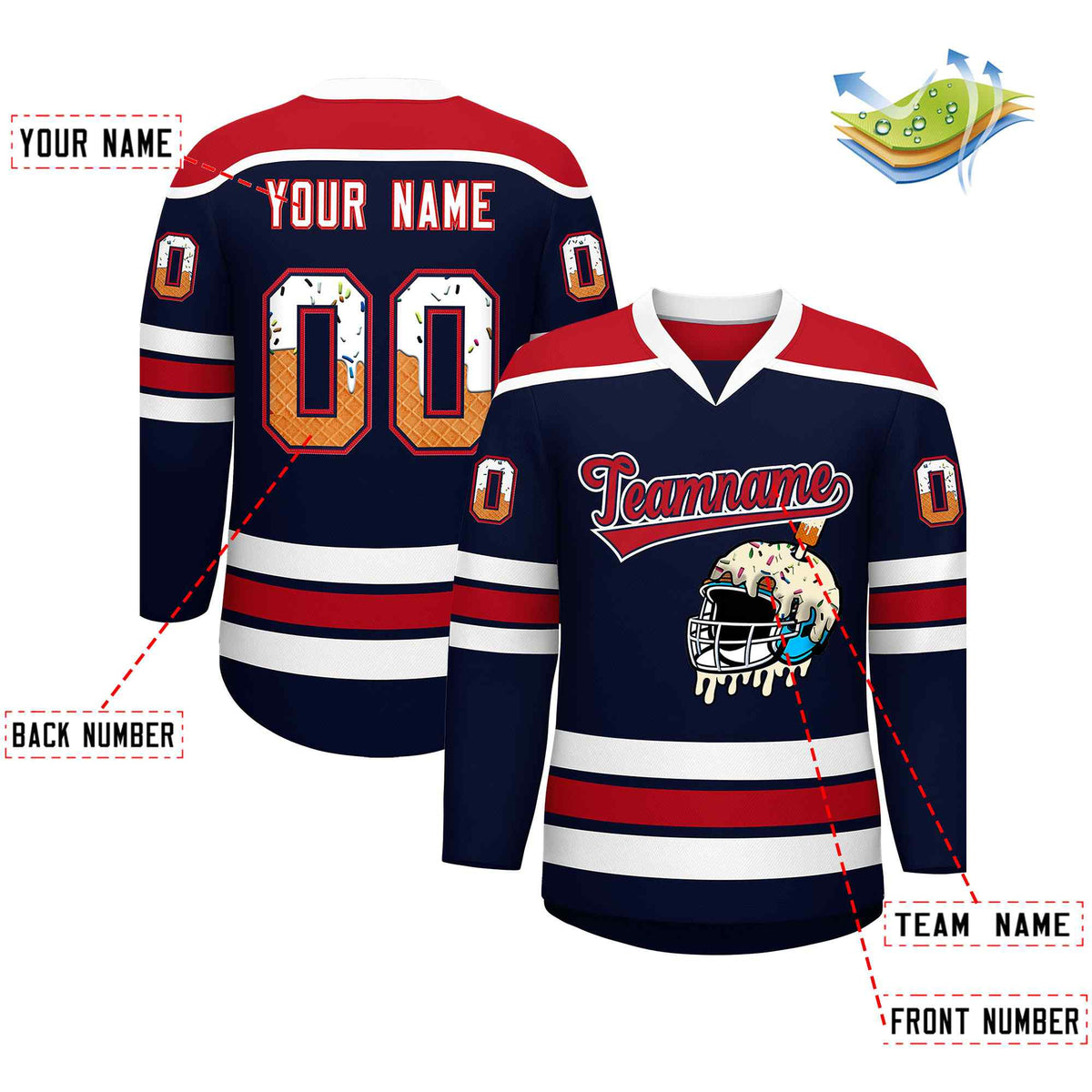 Custom Navy Red Ice Cream Helmet Pattern Personalized V-Neck Hockey Jersey| KXKSHOP