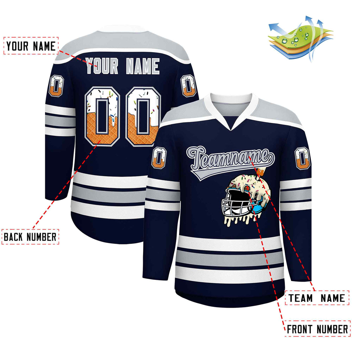 Custom Navy Silver Ice Cream Helmet Pattern Personalized V-Neck Hockey Jersey| KXKSHOP