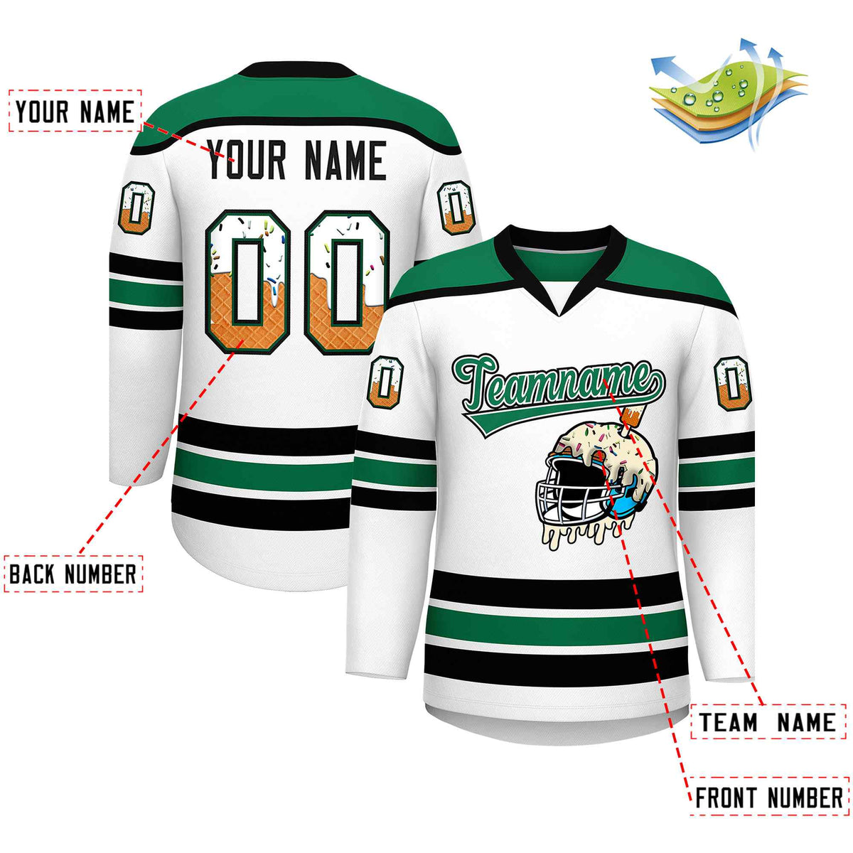 Custom White Kelly Green Ice Cream Helmet Pattern Personalized V-Neck Hockey Jersey| KXKSHOP