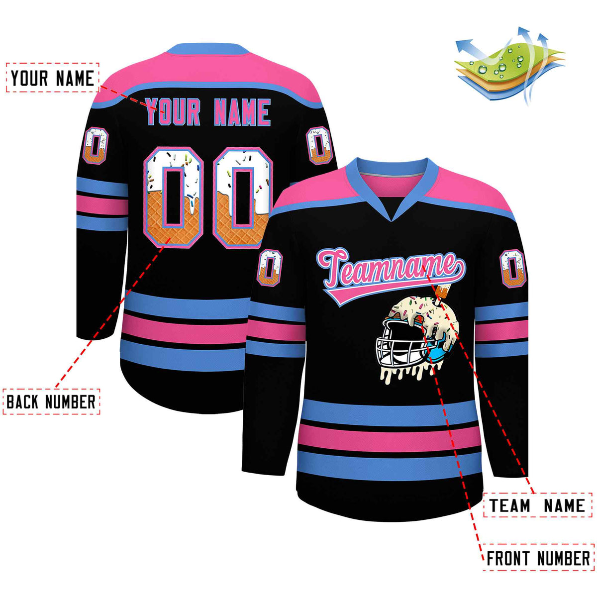 Custom Black Powder Blue Ice Cream Helmet Pattern Personalized V-Neck Hockey Jersey| KXKSHOP