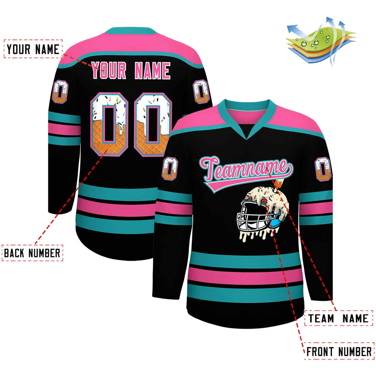 Custom Black Pink Ice Cream Helmet Pattern Personalized V-Neck Hockey Jersey| KXKSHOP