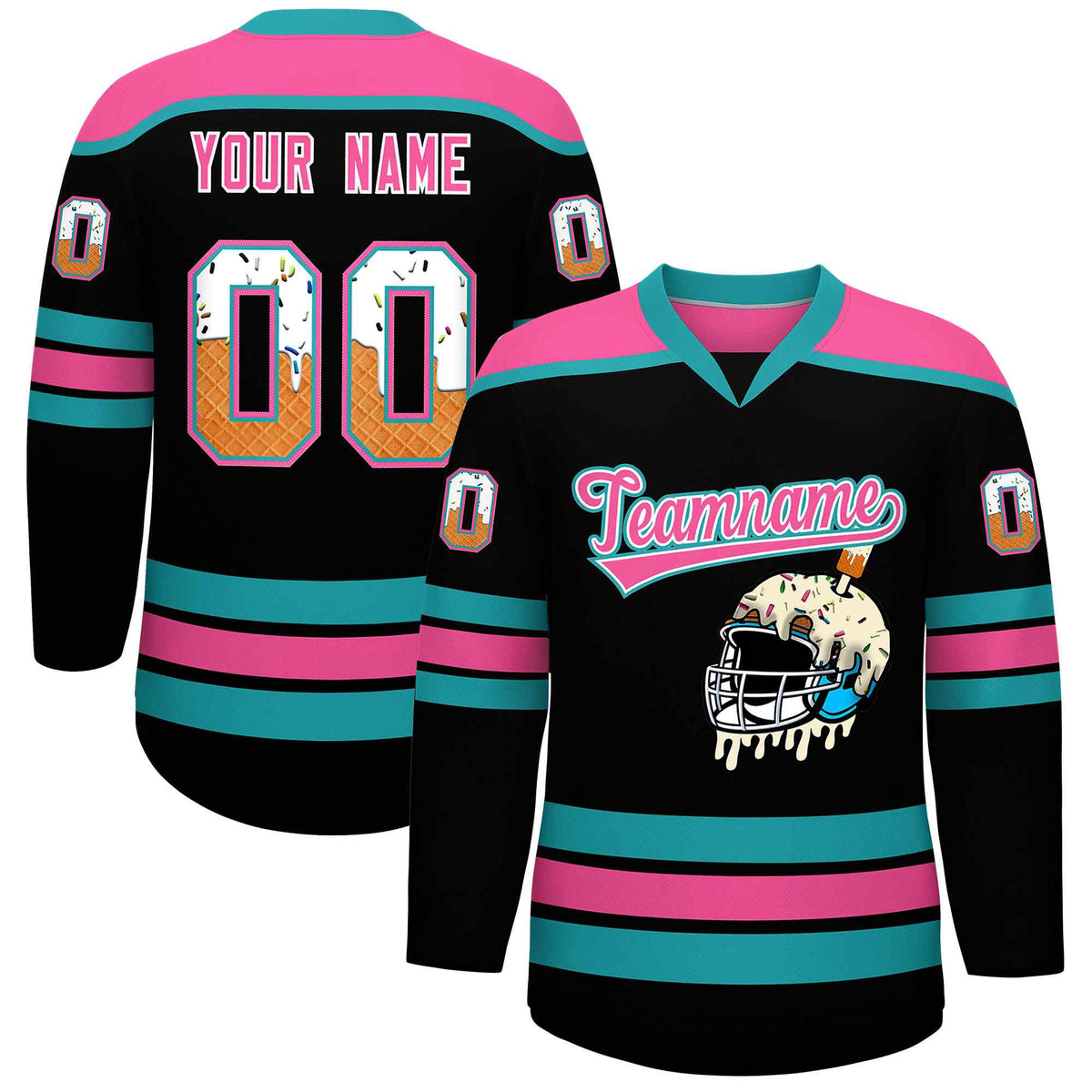 Custom Black Pink Ice Cream Helmet Pattern Personalized V-Neck Hockey Jersey| KXKSHOP