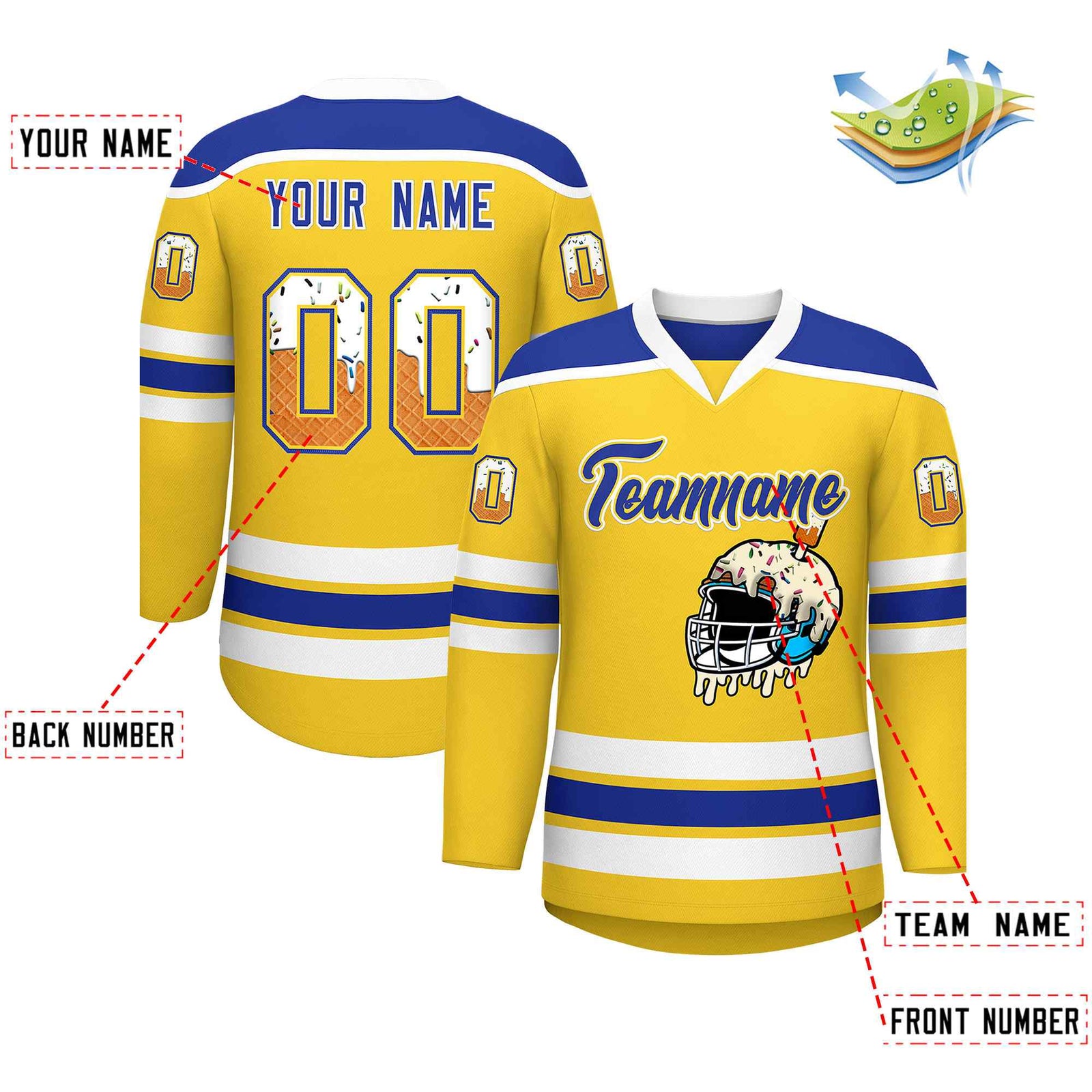 Custom Gold Royal Blue Ice Cream Helmet Pattern Personalized V-Neck Hockey Jersey