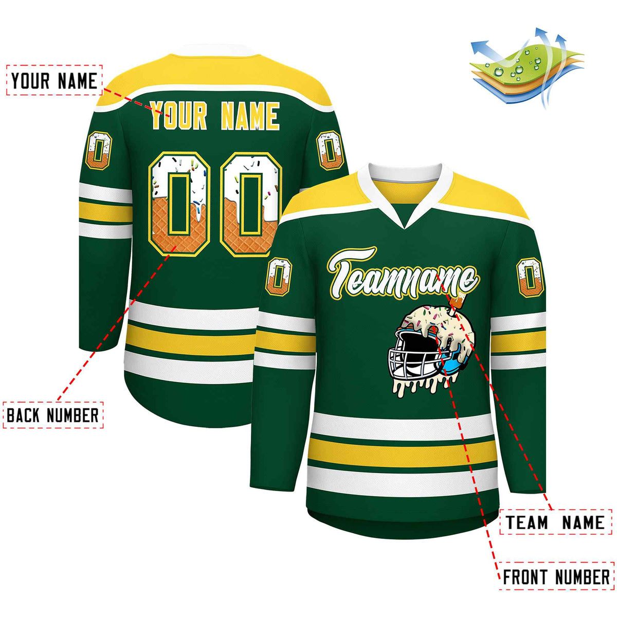 Custom Green Gold Ice Cream Helmet Pattern Personalized V-Neck Hockey Jersey