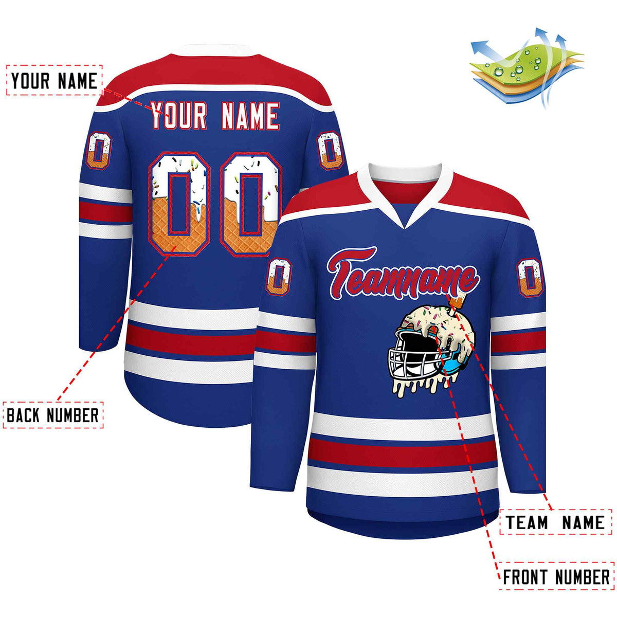 Custom Royal Blue Red Ice Cream Helmet Pattern Personalized V-Neck Hockey Jersey