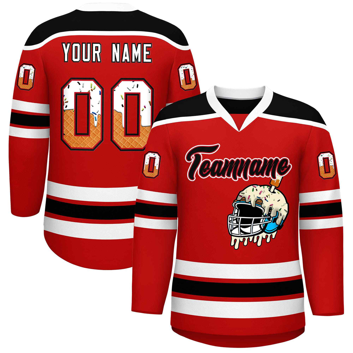 Custom Red White Ice Cream Helmet Pattern Personalized V-Neck Hockey Jersey