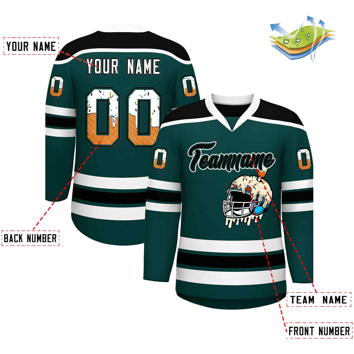 Custom Midnight Green Black Ice Cream Helmet Pattern Personalized V-Neck Hockey Jersey