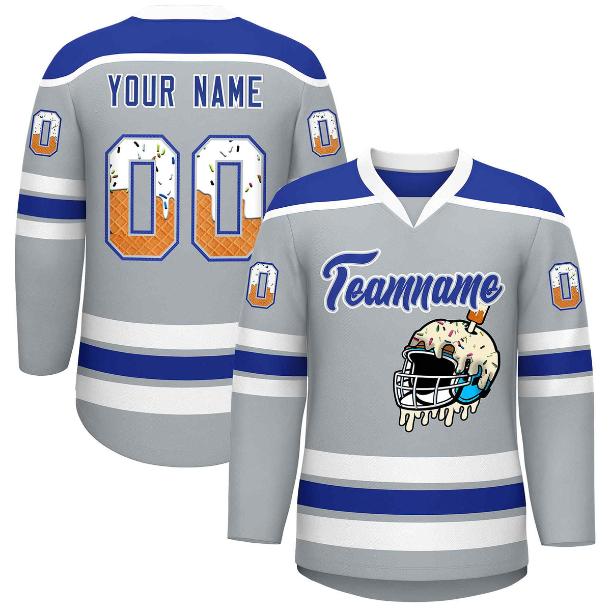 Custom Silver Royal Blue Ice Cream Helmet Pattern Personalized V-Neck Hockey Jersey