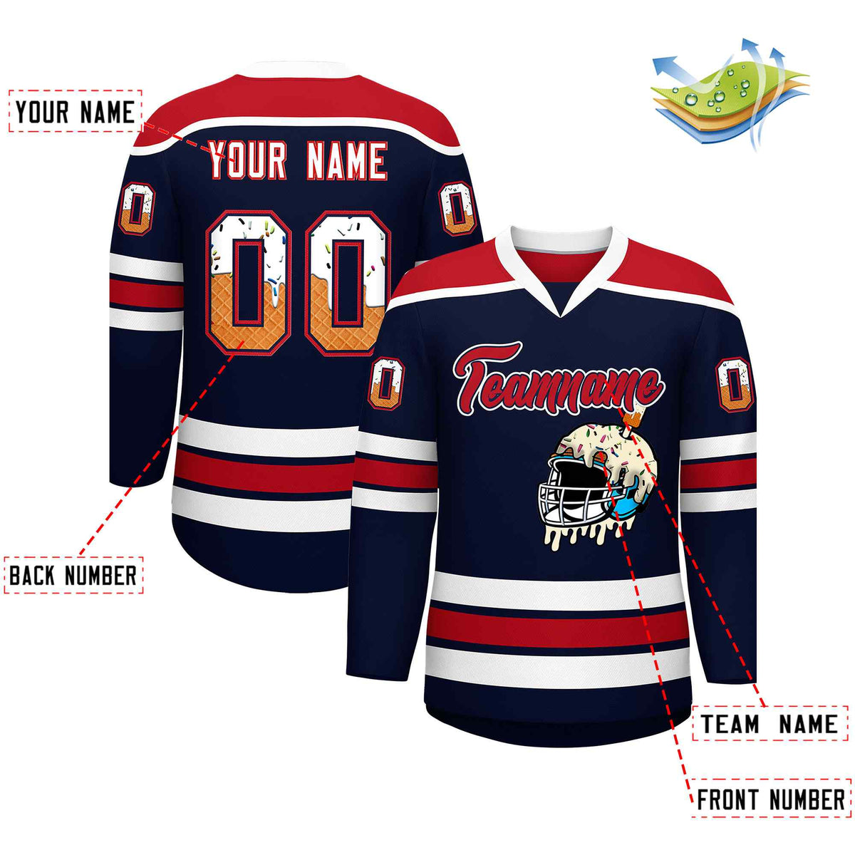 Custom Navy Red Ice Cream Helmet Pattern Personalized V-Neck Hockey Jersey