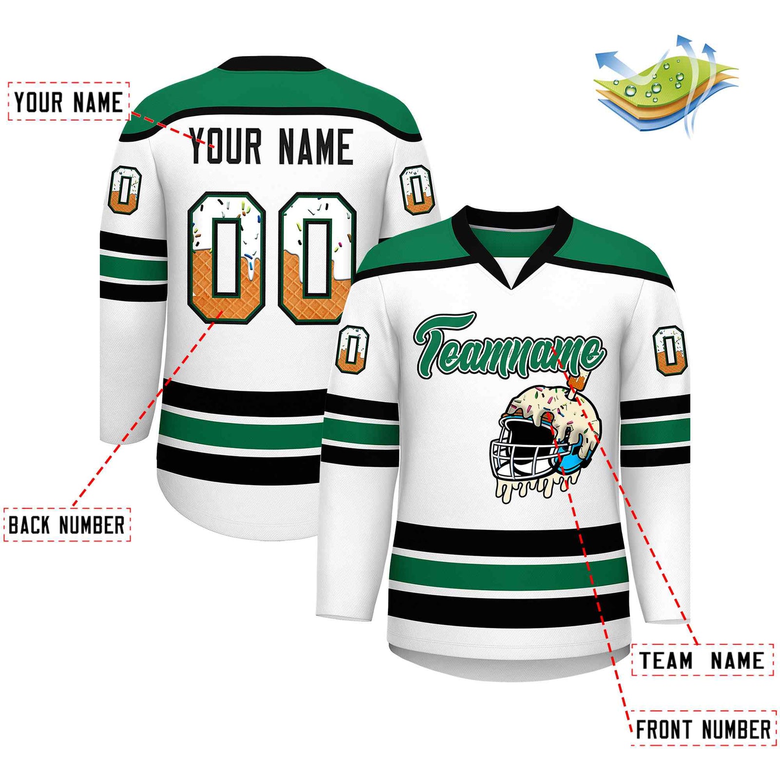 Custom White Kelly Green Ice Cream Helmet Pattern Personalized V-Neck Hockey Jersey