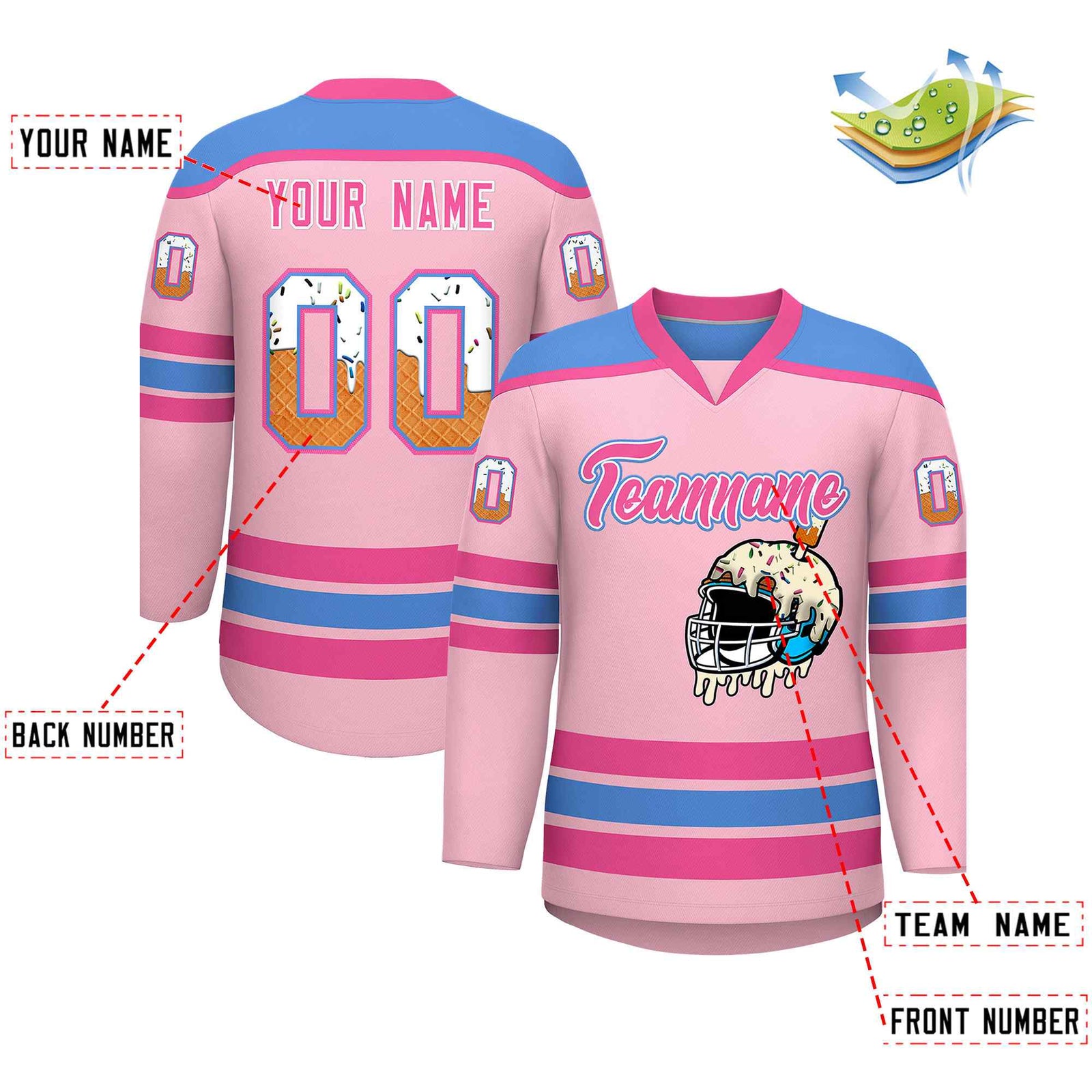 Custom Light Pink Powder Blue Ice Cream Helmet Pattern Personalized V-Neck Hockey Jersey