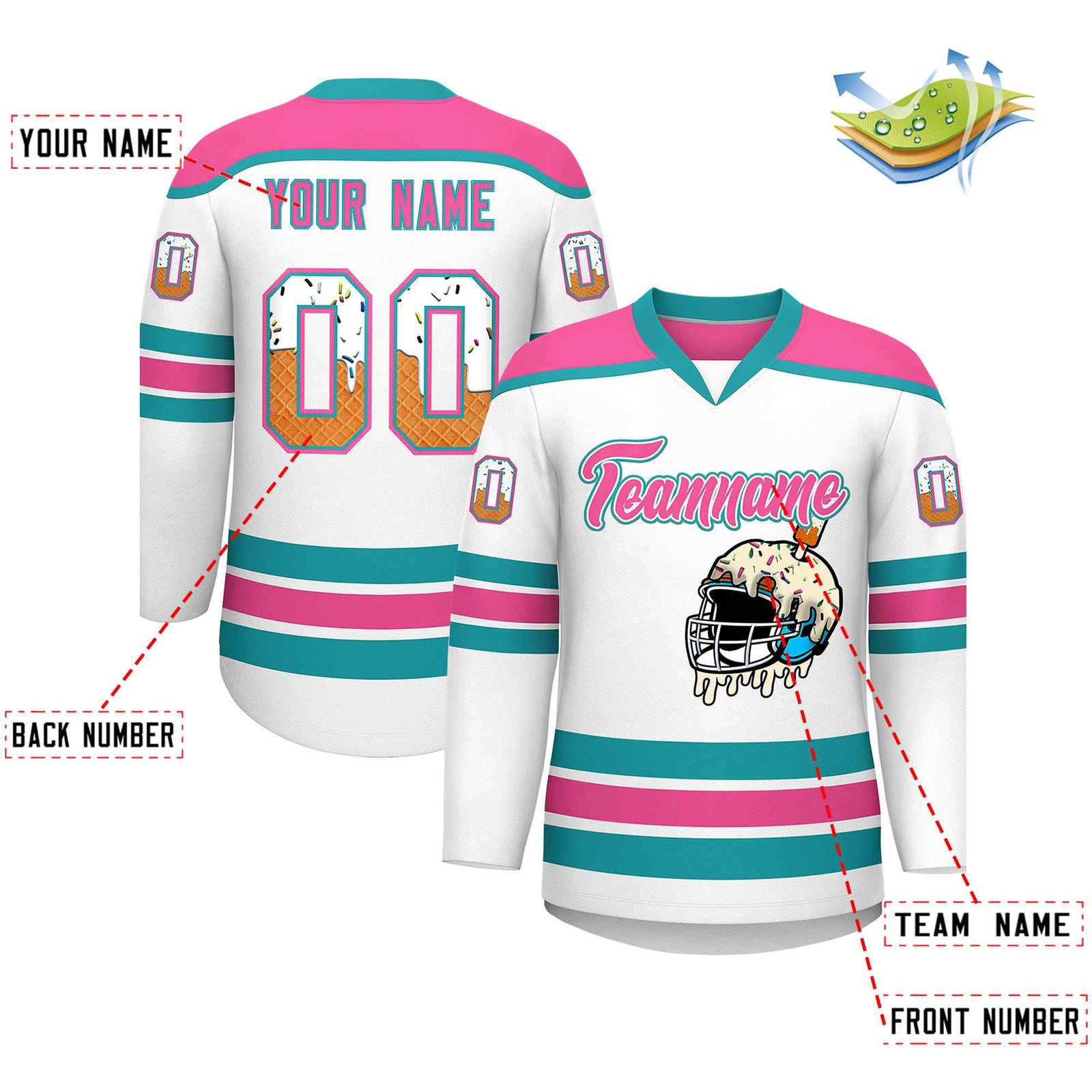 Custom White Pink Ice Cream Helmet Pattern Personalized V-Neck Hockey Jersey