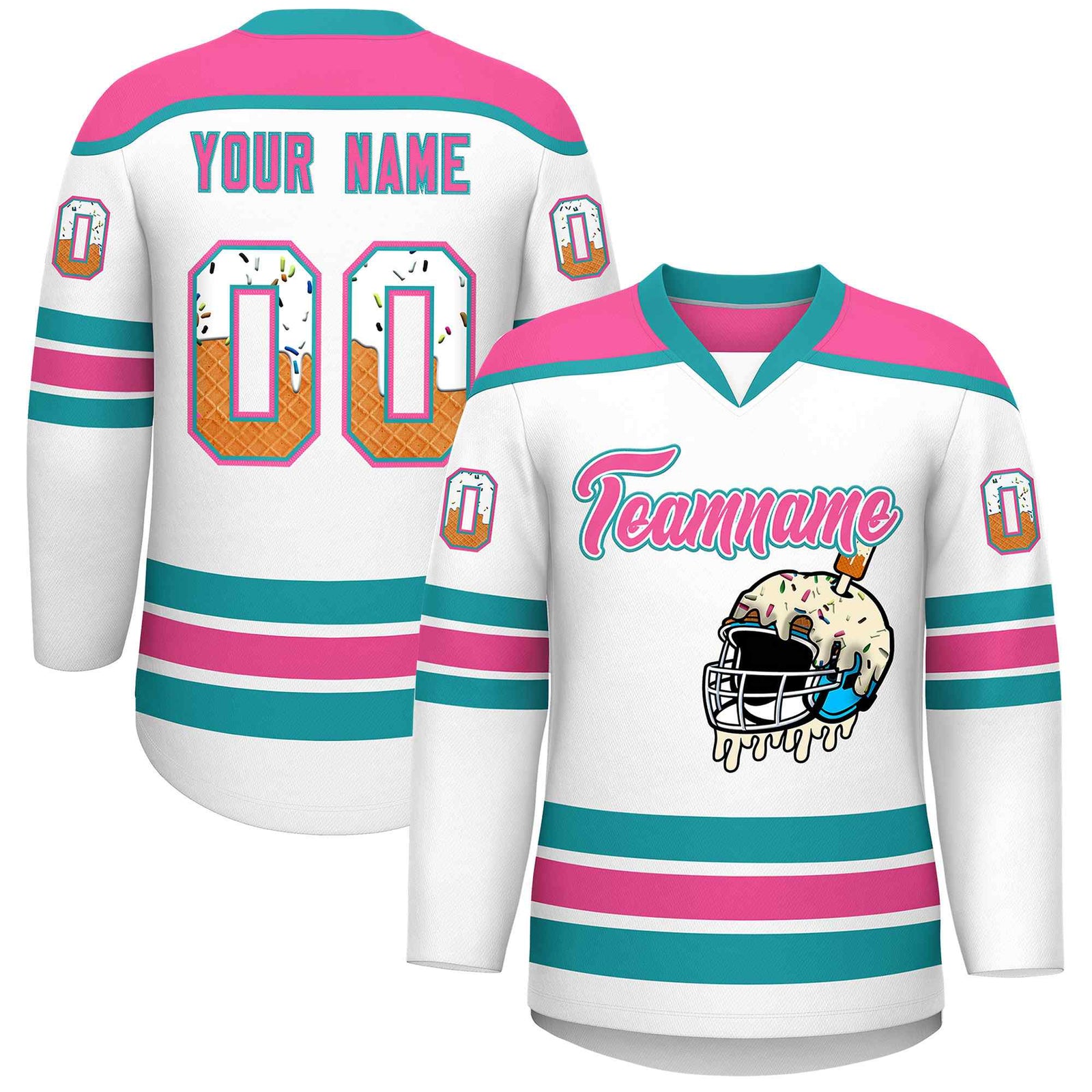 Custom White Pink Ice Cream Helmet Pattern Personalized V-Neck Hockey Jersey