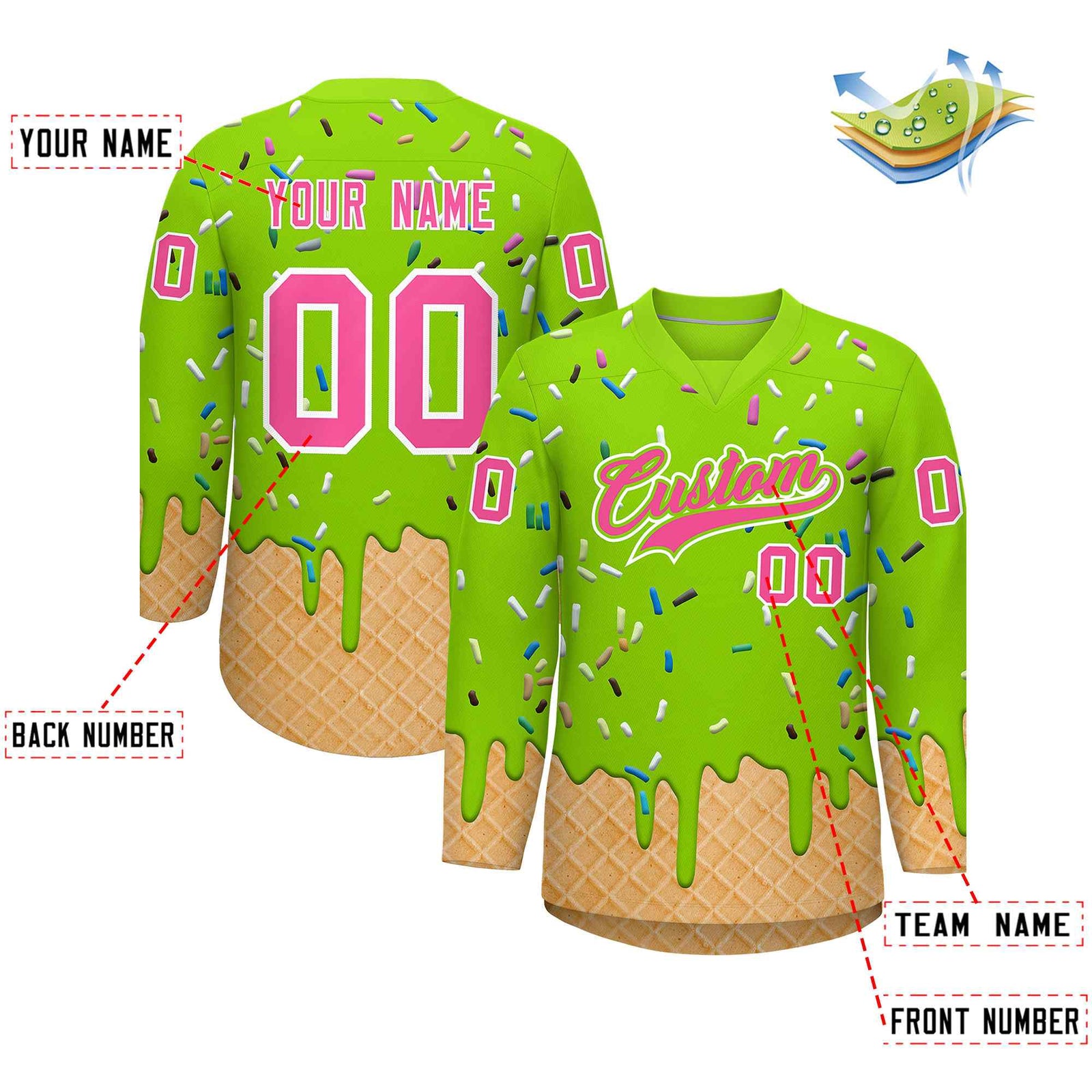 Custom Neon Green Pink Ice Cream Pattern Personalized V-Neck Hockey Jersey