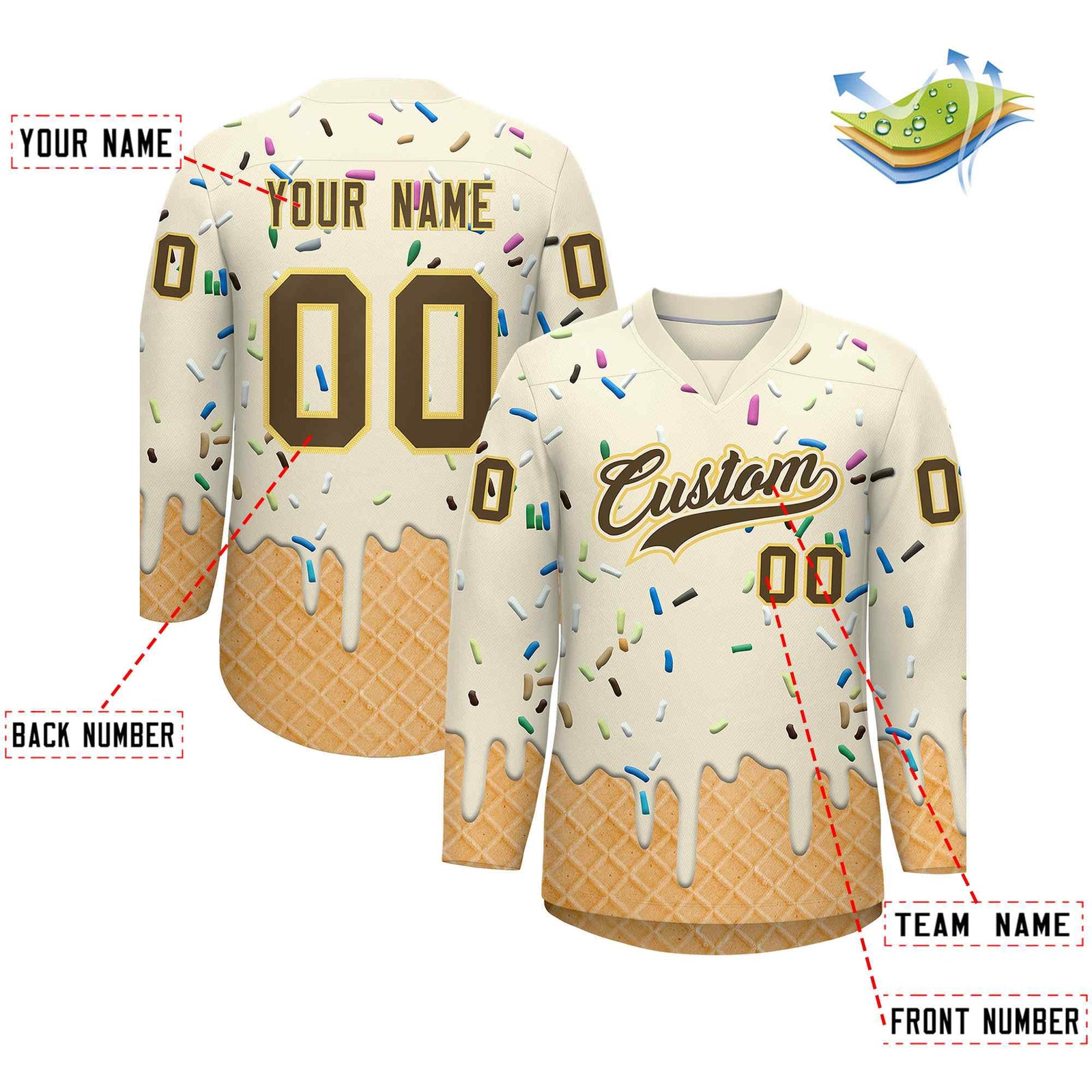 Custom Cream Light Brown Ice Cream Pattern Personalized V-Neck Hockey Jersey