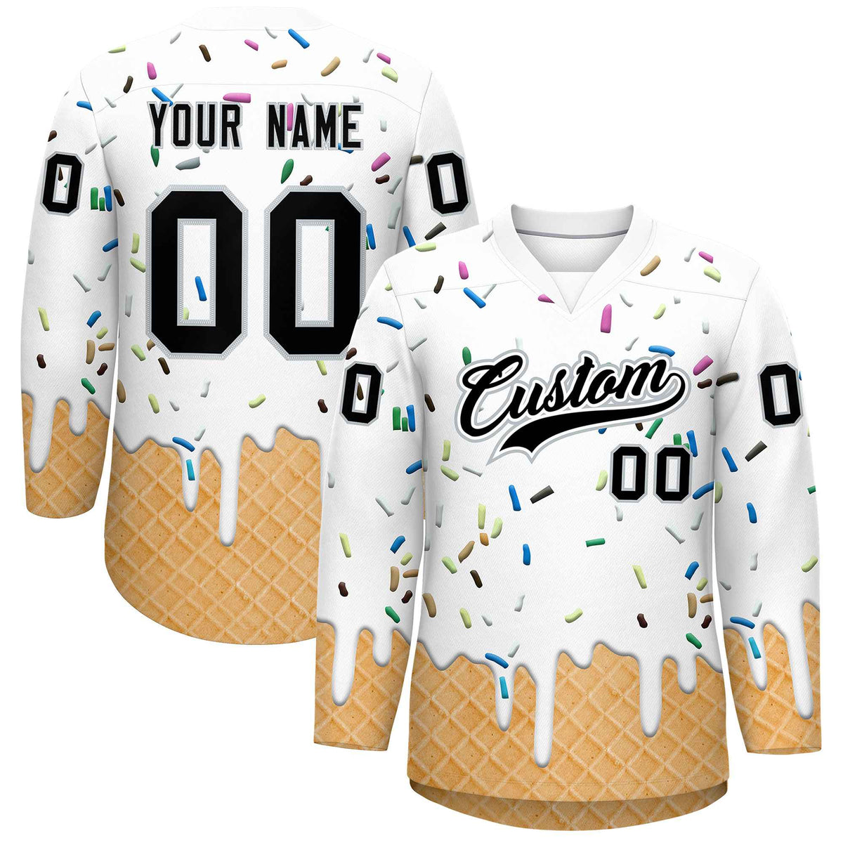 Custom White Black Ice Cream Pattern Personalized V-Neck Hockey Jersey